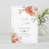 Perzikrand en gouden rand Floral Weddenschap Kaart (Staand voorkant)