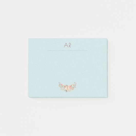 Perzikroam Waterverf Floral Mint Blue Monogram Post-it® Notes (Voorkant)