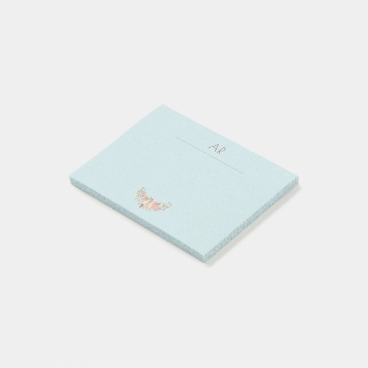 Perzikroam Waterverf Floral Mint Blue Monogram Post-it® Notes (Schuin)