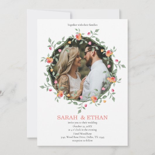Perzikroze Floral - Aangepaste foto bruiloft Kaart (Voorkant)