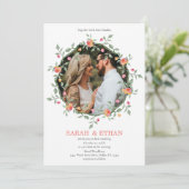 Perzikroze Floral - Aangepaste foto bruiloft Kaart (Staand voorkant)