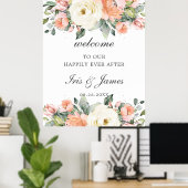 Perzikroze Floral bruiloft Welkomstteken Poster (Thuiskantoor)
