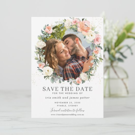 Perzikroze - Floral Foto opslaan Datum Kaart (Staand voorkant)