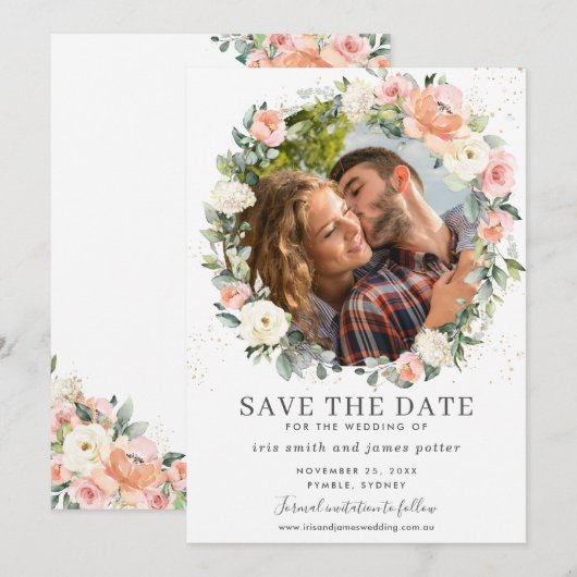 Perzikroze - Floral Foto opslaan Datum Kaart (Voorkant / Achterkant)