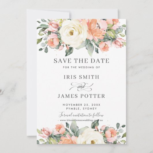 Perzikroze Ivory Floral Wedding Save the Date Kaar Kaart (Voorkant)