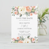 Perzikroze Ivory Floral Wedding Save the Date Kaar Kaart (Staand voorkant)