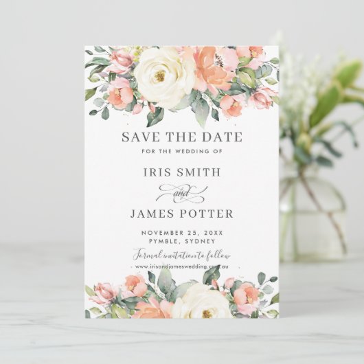 Perzikroze Ivory Floral Wedding Save the Date Kaar Kaart (Staand voorkant)