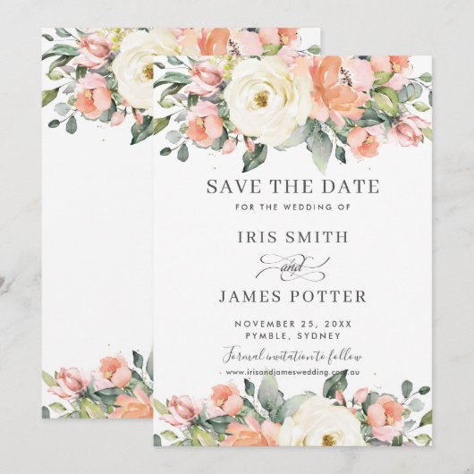 Perzikroze Ivory Floral Wedding Save the Date Kaar Kaart (Voorkant / Achterkant)