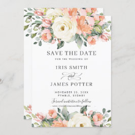 Perzikroze Ivory Floral Wedding Save the Date Kaar Kaart