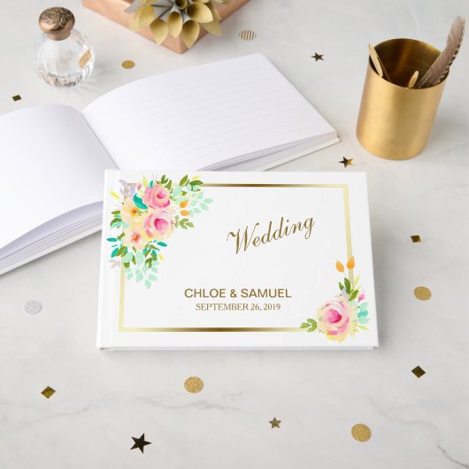 Perzikroze rozen bruiloft gastenboek (Voorkant open)