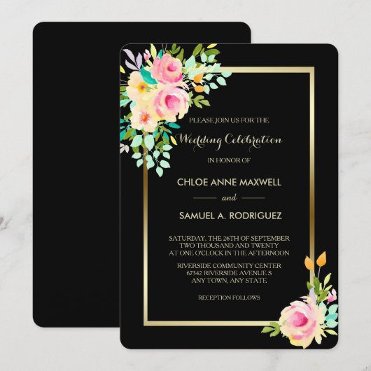 Perzikroze rozen op het zwarte huwelijk kaart (Voorkant / Achterkant)