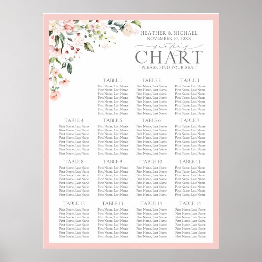 Perzikroze Waterverf Floral Receptie Zitplaatsen Poster (Voorkant)