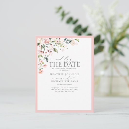 Perzikroze Waterverf Floral Vertraging Datum Briefkaart (Staand voorkant)