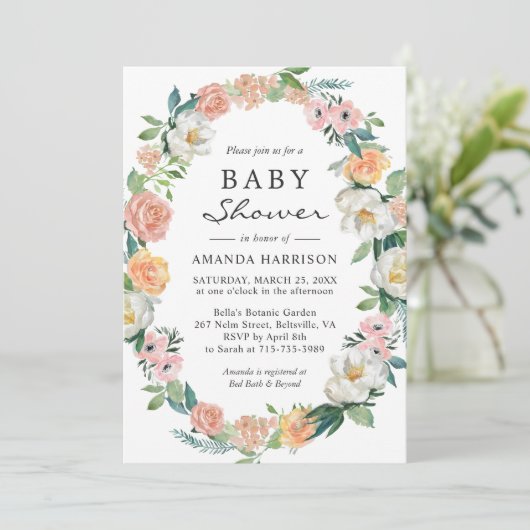 Perzikroze Witte tuin Floraal Warm Baby shower Kaart (Staand voorkant)