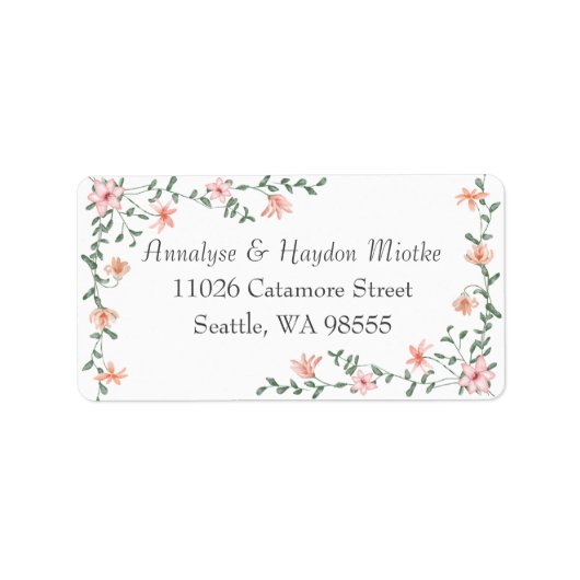 Perzikrozen, bladgroene wijnstok adreslabels etiket (Voorkant)