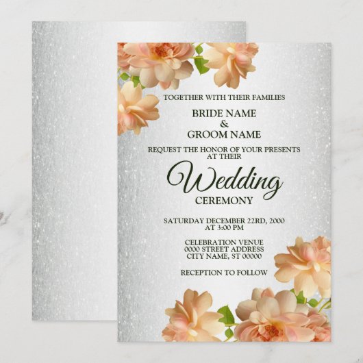 Perzikrozen Bloemige Zilveren Glitter Moderne Trou Kaart (Voorkant / Achterkant)