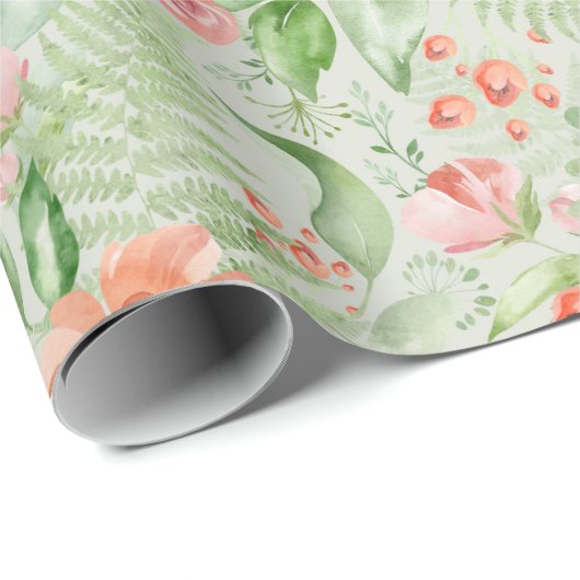 Perzikrozen en hibiscus op groen inpakpapier (Rol Hoek)