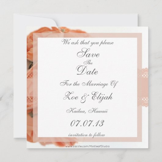 Perzikrozen en Kant Save The Date-aankondiging Date (Achterkant)