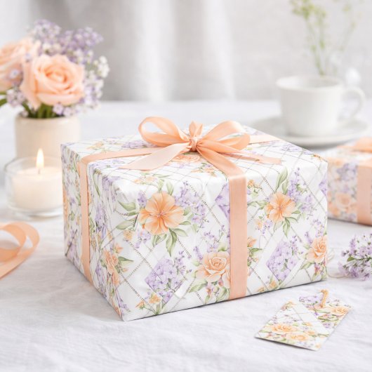 Perzikrozen Lavendel Cottagecore Bloemmotief Cadeaupapier