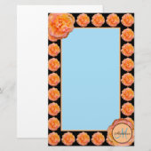 PerzikRozen met blauw op zwarte achtergrond Briefpapier (Voorkant / Achterkant)