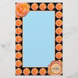 PerzikRozen met blauw op zwarte achtergrond Briefpapier