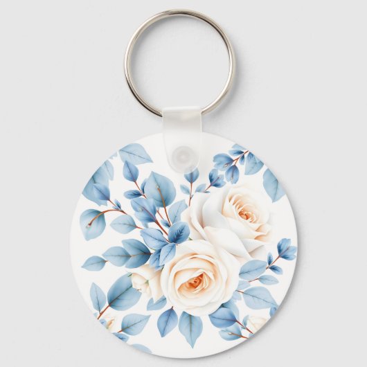 Perzikrozen Stofblauw Eucalyptuspatroon Sleutelhanger (Voorkant)