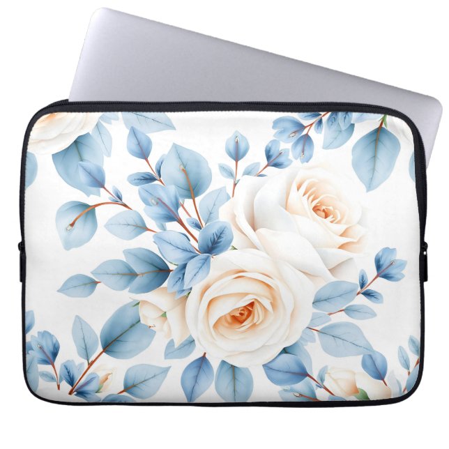 Perzikrozen Stofblauwe Eucalyptuspatroon Laptop Sleeve (Voorkant)