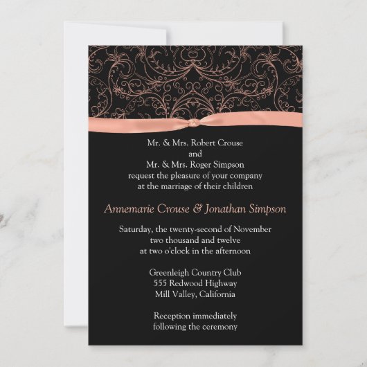 Perzikscrollers en ribbon Wedding Invitation Kaart (Voorkant)
