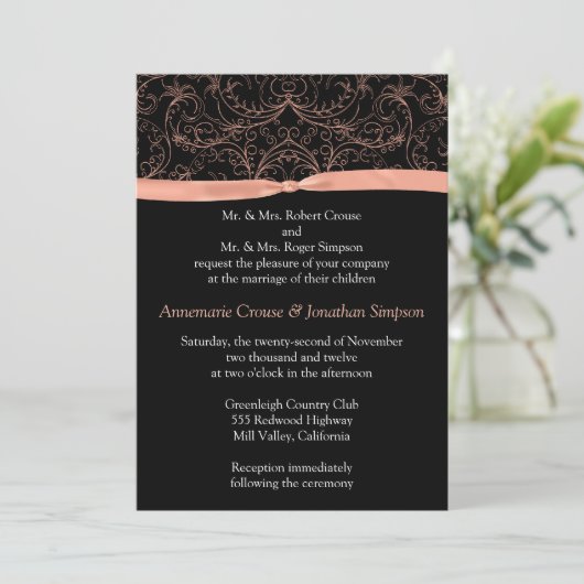 Perzikscrollers en ribbon Wedding Invitation Kaart (Staand voorkant)