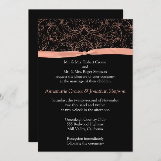 Perzikscrollers en ribbon Wedding Invitation Kaart (Voorkant / Achterkant)