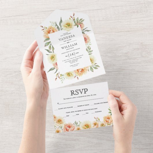 Perzikspruitjes waterverf all in one uitnodiging (Afscheurbaar)