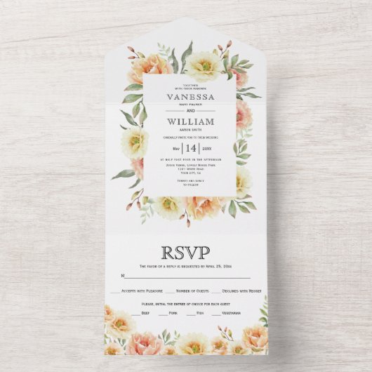 Perzikspruitjes waterverf all in one uitnodiging (Binnen)