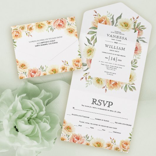 Perzikspruitjes waterverf all in one uitnodiging