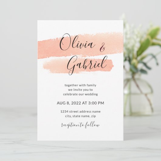 Perzikwaterverf. Eenvoudige moderne bruiloft Kaart (Staand voorkant)