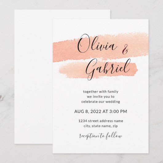 Perzikwaterverf. Eenvoudige moderne bruiloft Kaart (Voorkant / Achterkant)