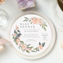 PerzikWaterverf Floral Wreator Bird Baby shower Kaart