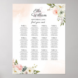 Perzikzitje en Groene Floral Wedding Seating Chart Poster