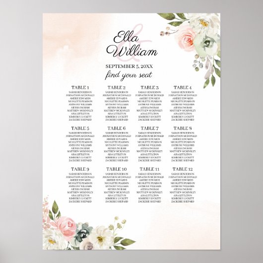 Perzikzitje en Groene Floral Wedding Seating Chart Poster (Voorkant)