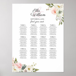 Perzikzitje en Groene Floral Wedding Seating Chart Poster