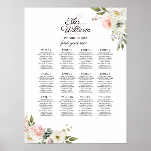 Perzikzitje en Groene Floral Wedding Seating Chart Poster (Voorkant)