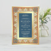 Perzisch Goud Lijst Blauw Moslim Bruiloft Kaart (Staand voorkant)