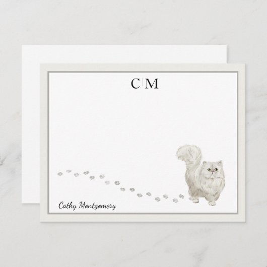 Perzisch Kat Gray Border Monogram Naam Opmerkingsk Notitiekaartje (Voorkant / Achterkant)