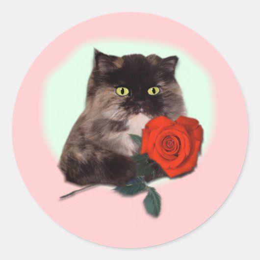 Perzisch Kat met Roos Geschenken en Kleding Ronde Sticker (Voorkant)