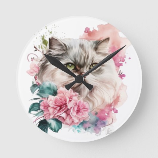  PERZISCH KATTENGEZICHT MET ROZE BLOEMEN RONDE KLOK (Voorkant)