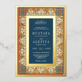  Perzisch Lijst Blauw Moslim Trouwgoud Folie Uitnodiging (Voorkant)