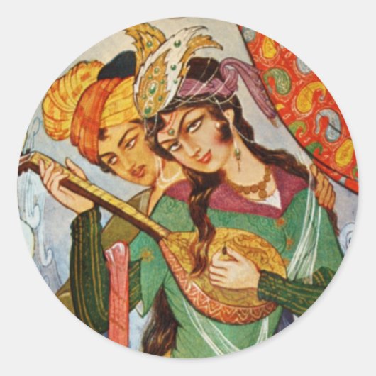 Perzisch Miniatuur Nymph met setar in detail Ronde Sticker (Voorkant)