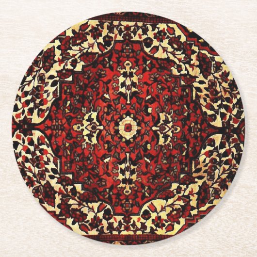 Perzisch tapijt, donkerrood en crème ronde kartonnen onderzetter (Voorkant)