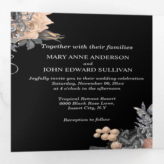 Perzisch zwart roos met glitter vlinder DIY foto Drieluik Uitnodiging (Binnenzijde eerst)