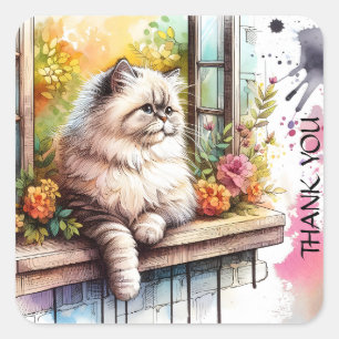 Perzische Beige Grijze Kat In Raam Zomer Bloemen Vierkante Sticker
