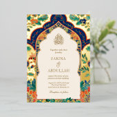 Perzische Bloemen Inlay Cream Moslim Trouwen Goud Folie Uitnodiging (Staand Voorkant)